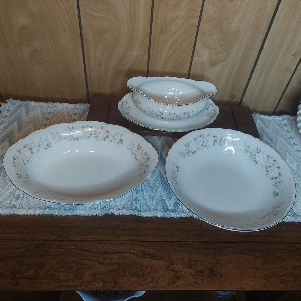 Sheffield Fine China #501 - Gravy Boat, Oval Vegetable Bowl & Serving Bowl